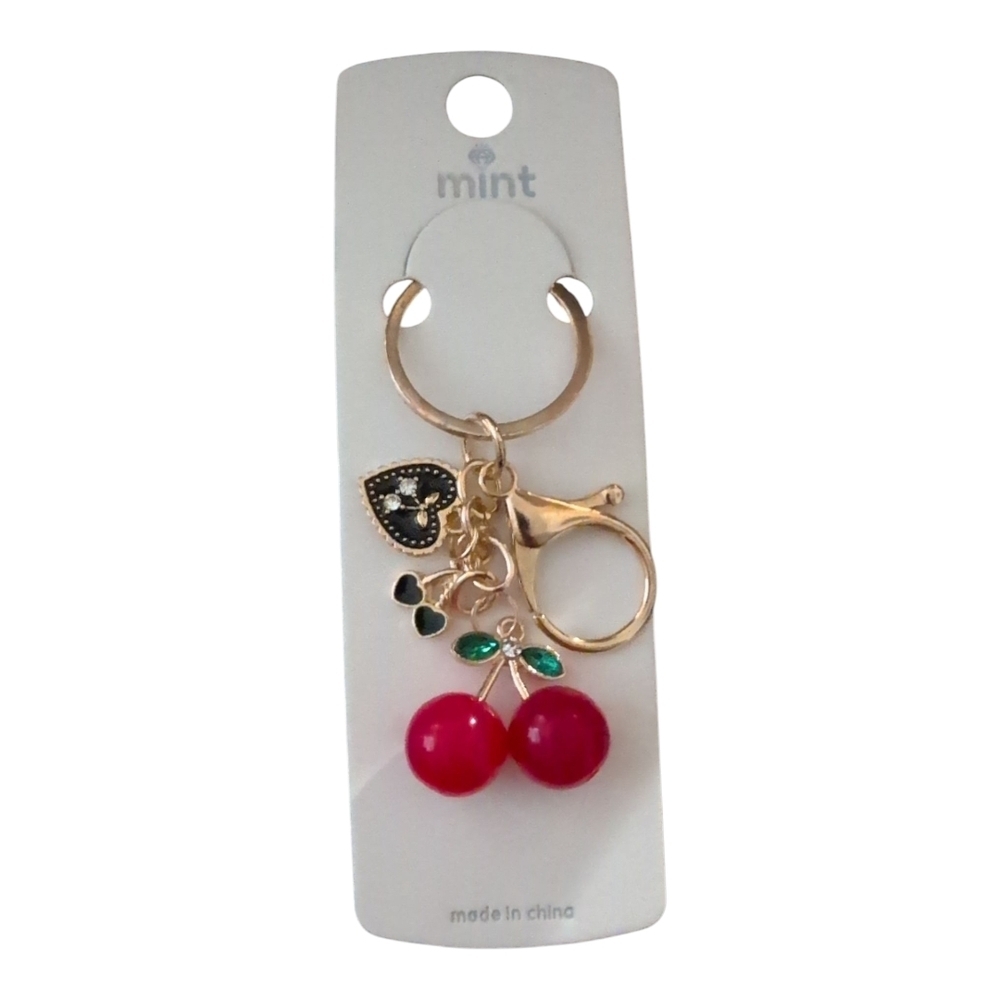 Mint Red Cherry Keychain/ Bag Charm In Gold Or Silver 1pc
